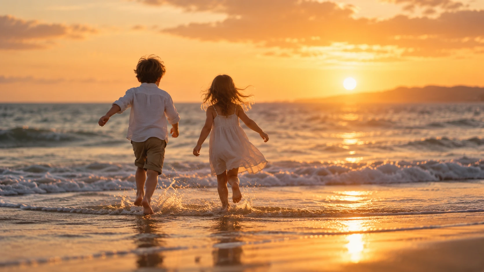 Two children playing at the water’s edge at sunset