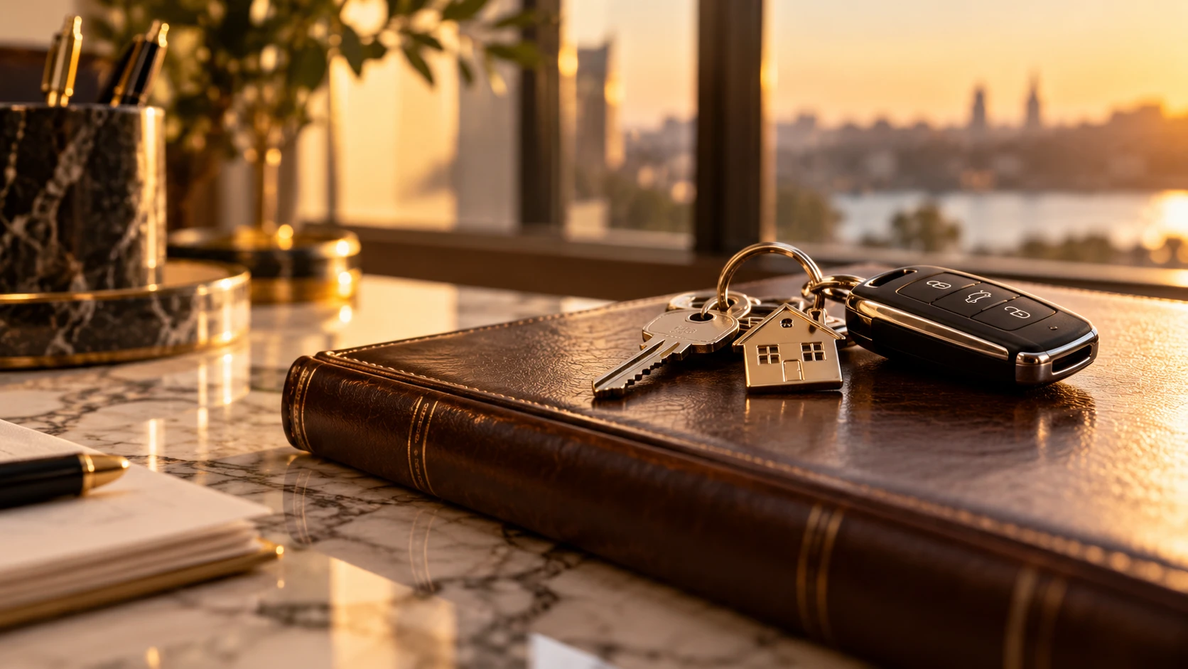 House and car keys resting on a leather-bound book
