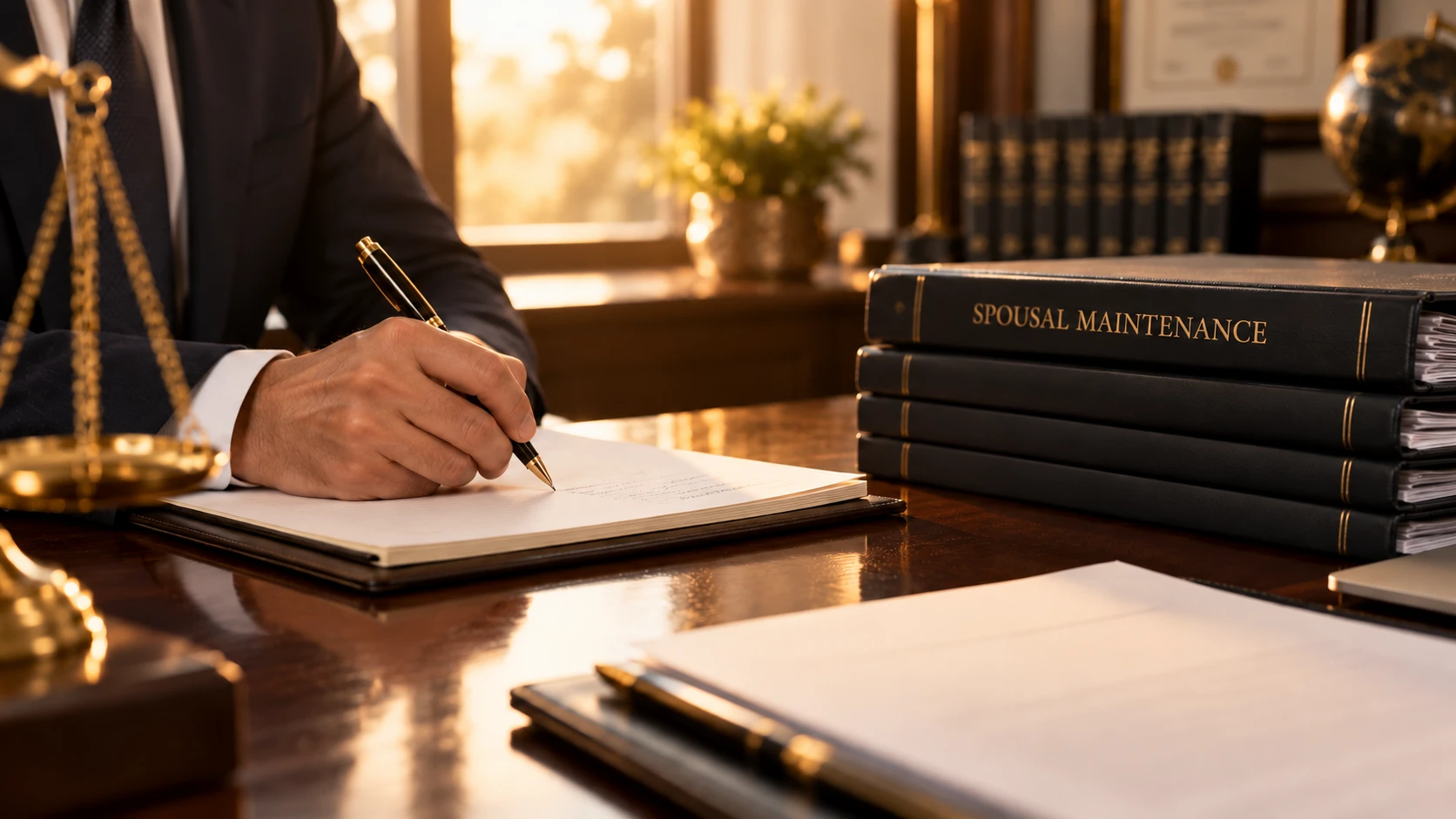 A lawyer writing notes at a desk beside legal folders