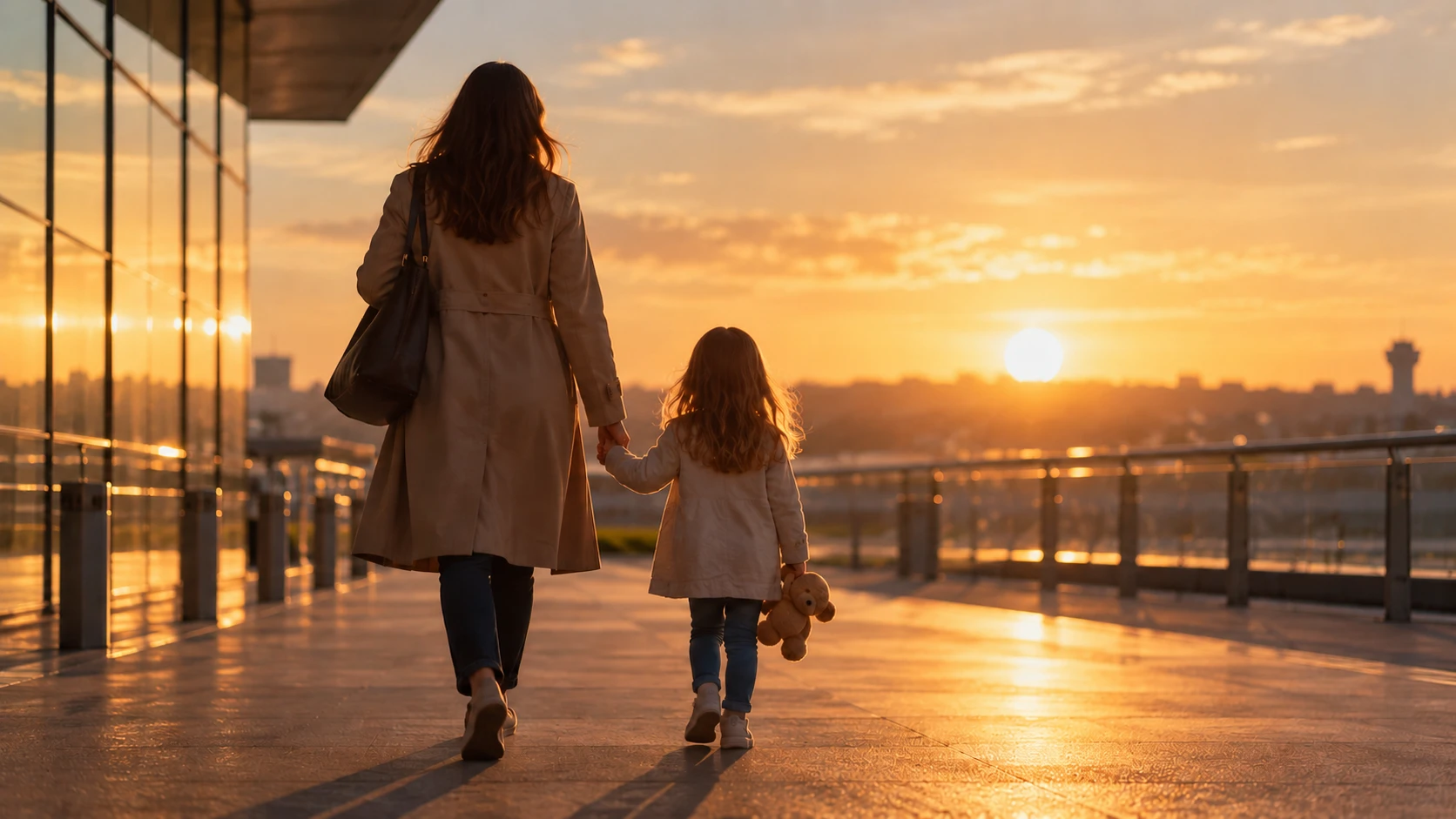 A parent and child walking hand in hand at sunset