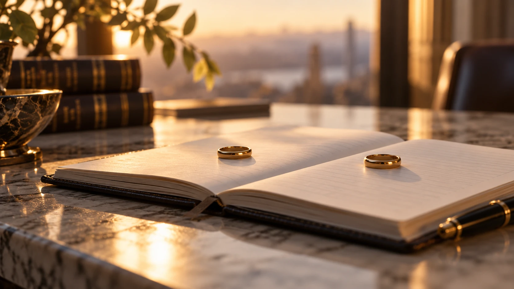 Two gold wedding rings resting apart on an open notebook